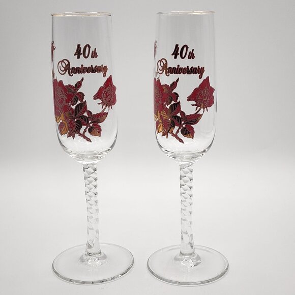 Vintage Banawe Canada 40th Anniversary Champagne/ Wine Glass Flute Rare Red Rose - Picture 1 of 9